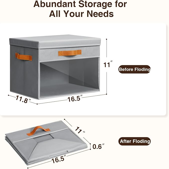 Large Storage Bins with Lids - 6 Pack Foldable Decorative Organizers with Clear Windows & Handles, Cube Storage Organizers for Clothes, Blankets, Sweaters, CD, Grey
