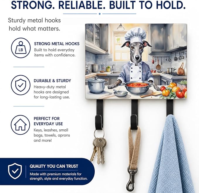 Caroline's Treasures Greyhound The Chef Leash or Key Holder Wall Hooks, Key Hooks Holder, Coat Rack Wall Mount, Coat Hooks, Hooks for Hanging Keys, Towels, Aprons, Leashes | Greyhound The Chef artwork on ceramic tile with three steel hooks for keys, le...