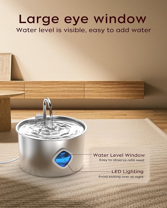 Cat Water Fountain Stainless Steel - 108oz/3.2L Pet Gift Dog Water Dispenser Automatic Silent Cats Dispenser for Drinking Indoor Metal Kitty Spout Fountains with 2 Filters and 2 Sponges