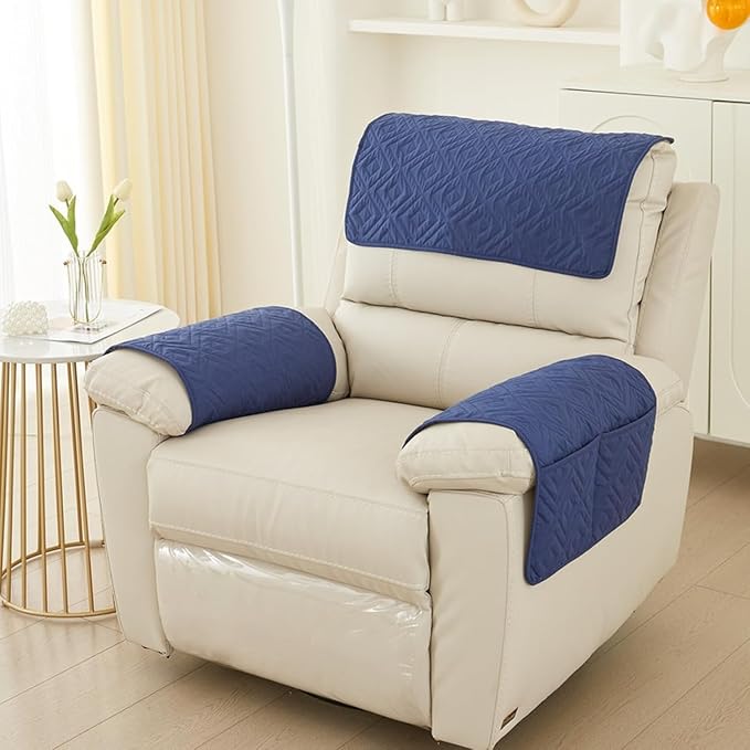 Recliner Arm Covers with Pockets & Headrest Protector- Non-Slip Quilted Stretch Armrest Covers, Washable Sofa Armchair Organizer for Couch, Pet Scratch Resistant(Blue)
