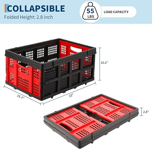 Garvee Collapsible Crate, 55L Foldable Plastic Milk Storage Crate, Red | Heavy Duty Stackable Plastic Crates Folding Storage Baskets for Groceries, Moving, Camping & Car Storage