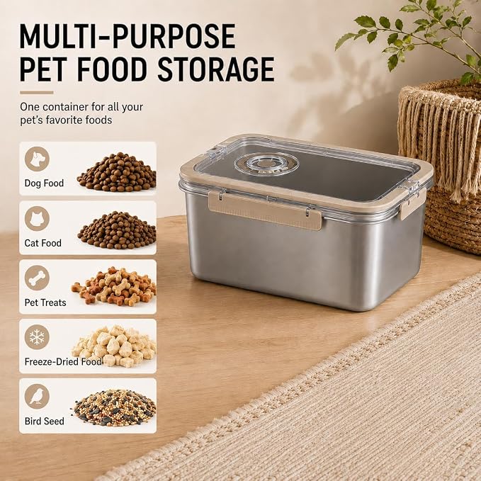 Airtight Dog Food Storage Container 6 QT / 5.8L, Stainless Steel Pet Food Bin with Clear Lid, Portable Dog Kibble Container with Handle - Hold 5.8L - Ideal for Pantry, RV Travel