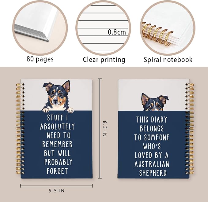 LIANGW Funny Australian Shepherd Gifts for Women & Men | Australian Shepherd Spiral Notebook Journal,Pet Dog Mom Owner Gifts 5.5x8.3 Inch