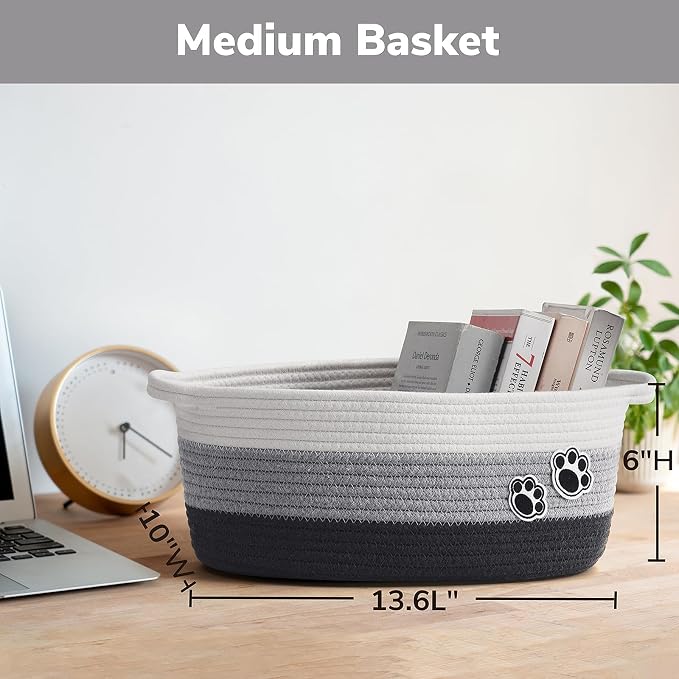 Medium Woven Rope Dog Toy Basket with Paw Print, Mixed Grey | 13.6"x 10" x 6", Cotton Rope Dog Toy Bin & Box, Gift Basket Empty With Handles, Storage Basket for living Room Bedroom
