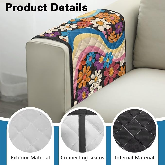 Hippie Floral Sofa Armrest Covers Non-Slip Arm Rest Covers Washable Couch Arm Cover with Organizer Pockets Dustproof Furniture Protector for Living Room Decoration