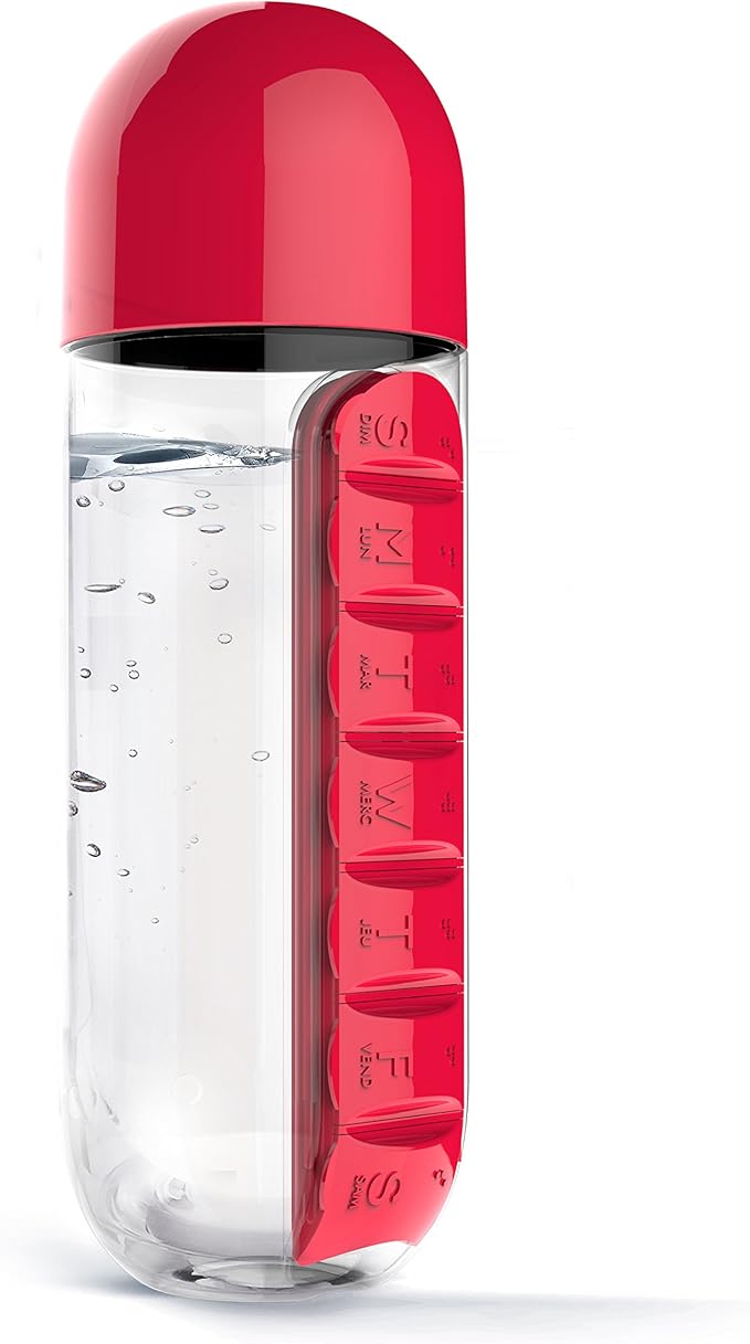 Asobu Combine Daily Pill Box Organizer with Water Bottle, 20 oz, (Red)