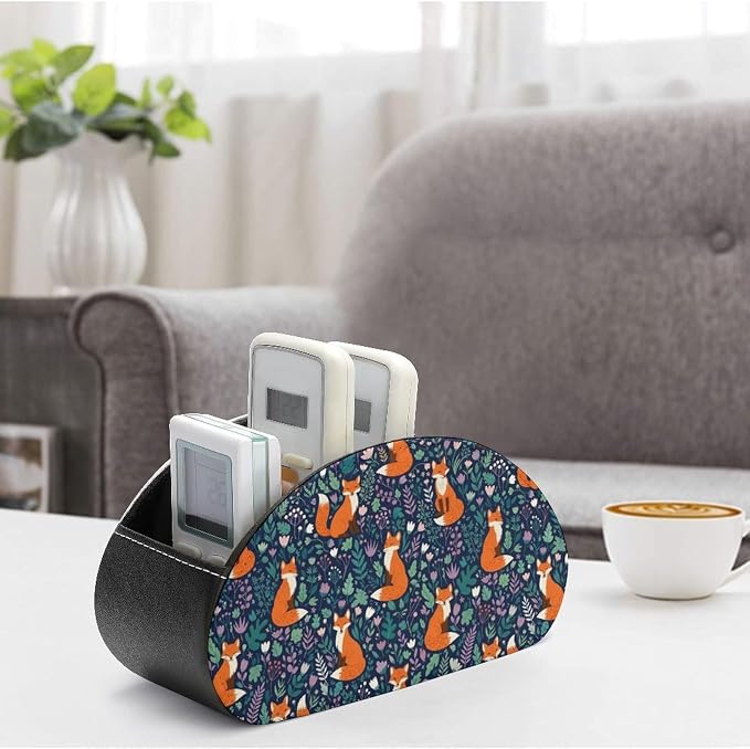 TV Remote Control Holder Organizer for Desk Fox 5 Compartment | Remote Caddy Box, Fox, Pu Leather, Fit Media Player, Maleup Brush, Office Supplies Accessory