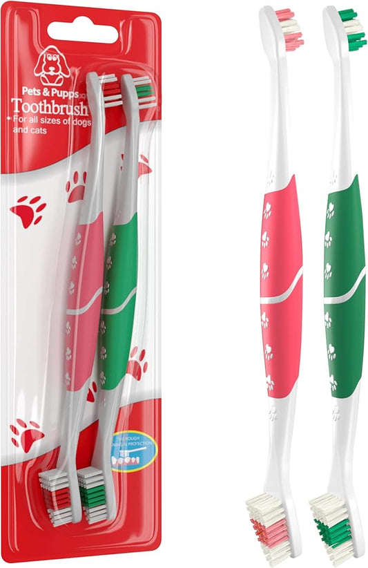 Pet Toothbrush for Dogs, Cats with Soft Bristles - Easy Teeth Cleaning & Dental Care, Non Slip Dual Head Dog Toothbrush for Medium & Large Pets, Toothpaste Not Included (Pack of 2(Pink & Green))