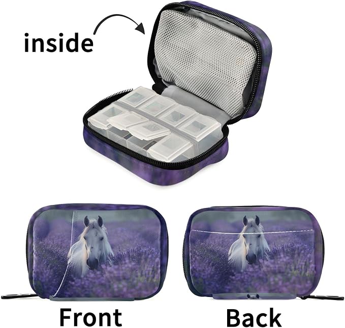 Fustylead Beautiful White Horse in Lavender Flower Field Pill Organizer Case with Zipper 2 Times A Day for Vitamin and Supplement, 7 Day Travel Organizer Medicine Case