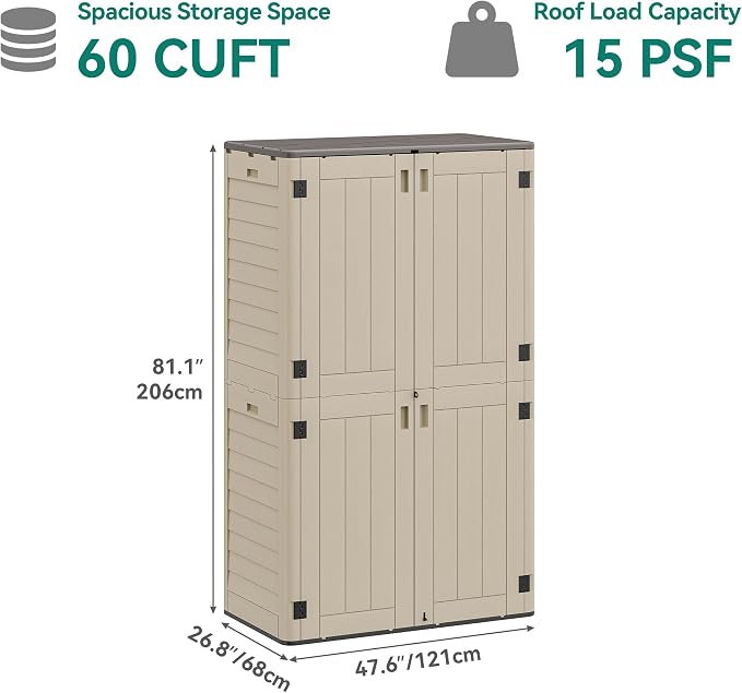 YITAHOME 60 cuft Vertical Outdoor Storage Shed with Shelf, Large Waterproof Storage Cabinet for Garden Shed, Tall Outdoor Storage Shed for Garage, Pool Storage, Resin, Lockable, Khaki & Brown