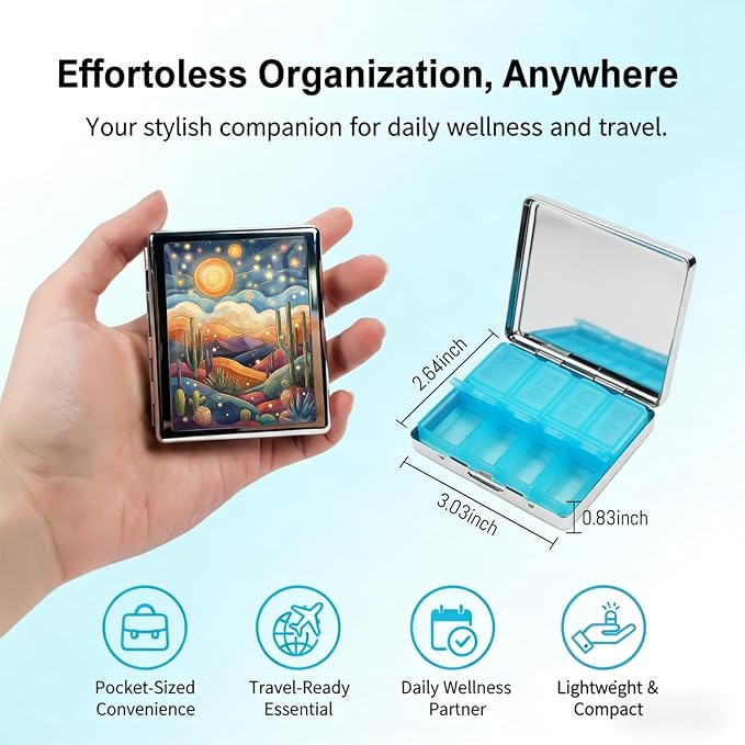 Weekly Pill Organizer, Metal Pill Box with 8 Compartments, Small Travel Pill Case for Purse Pocket, Medicine Vitamin Supplement Organizer (Desert Star Dream)