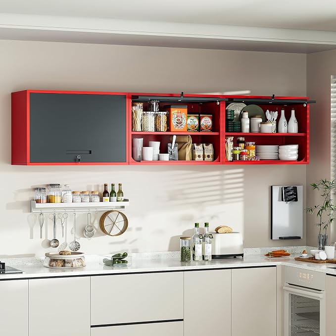 Metal Wall Cabinet with Locking Door and Shelf, Hanging Garage Cabinets with Up-Flip Doors for Garage, Warehouse, Home, Office, Assembly Required (Black Red, One Cabinet)