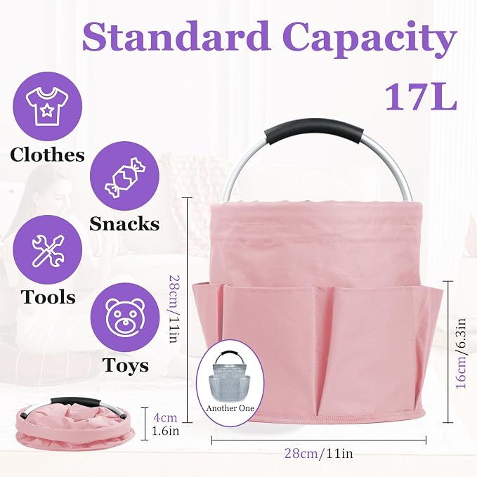 2Pcs 17L College Shower Caddy for Women, Bathroom Cleaning Caddy with Handle, 600D Oxford Fabric Cleaning Supplies Bucket, Multifunctional Storage Basket for Dorm, Family, Pink + Transparent