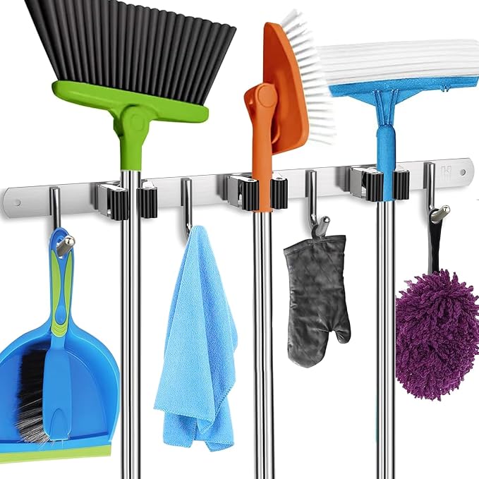 Homely Center Mop and Broom Holder Wall Mount – Heavy-Duty Closet Organizer for Garage, Kitchen, Laundry Organization – Tool Hanger with 3 racks and 4 hooks