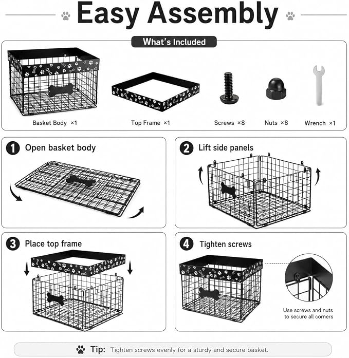 Metal Dog Toy Basket for Living Room, Foldable Dog Toy Storage Bin with Personalized Bone Label, Chew Resistant Pet Toy Organizer Basket, Durable Wire Dog Toy Box for Balls, Ropes, Plush Toys