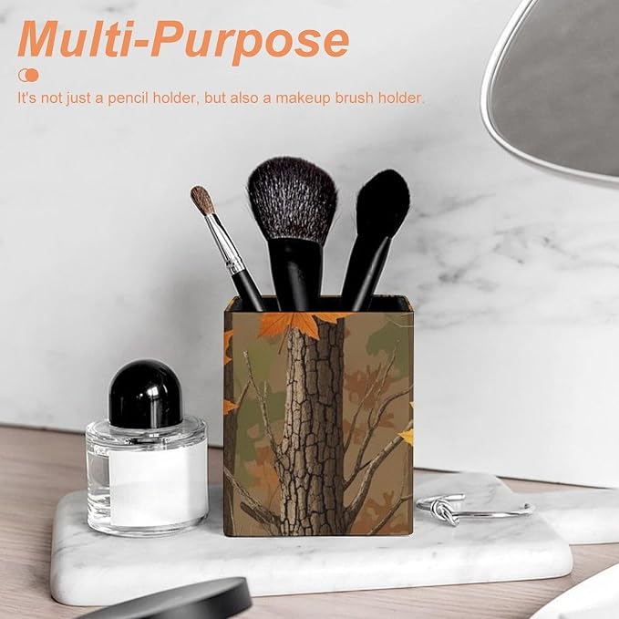 Pu Leather Pencil Cup for Men Women Desktop Square Pen Pencil Holder Hunting Camo Fall Maple Leaf Stationery Container Box for Office Supplies