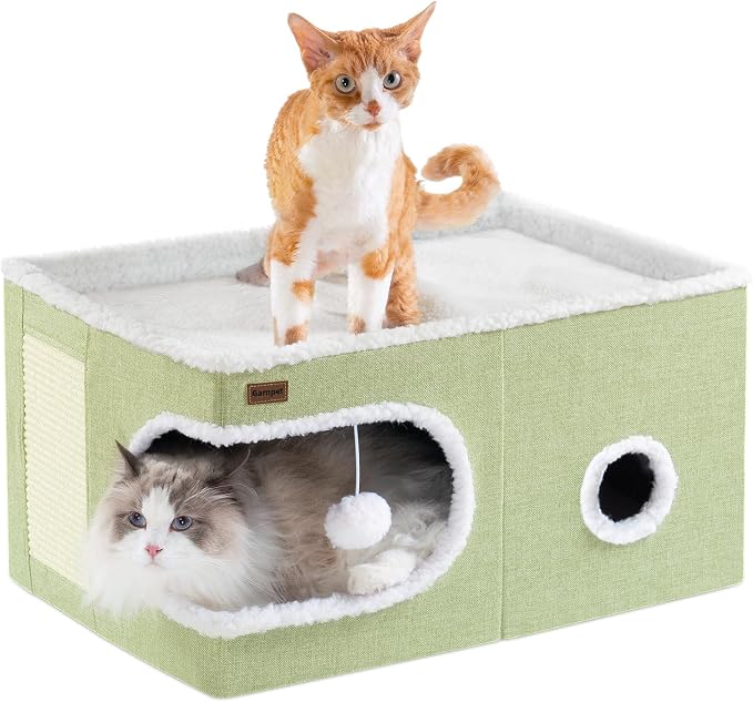 Garnpet Cat Bed for Indoor Cats Cube House, Covered Cat Cave Beds & Furniture with Scratch Pad and Hideaway Tent, Cute Modern Cat Condo for Multi Small Pet Large Kitten Kitty, Large, Green