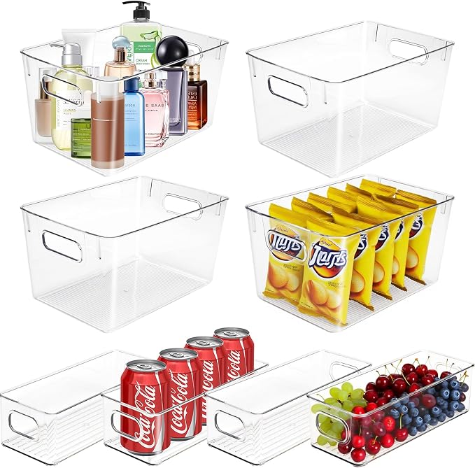 Set of 8 Clear Organizers and Storage Bins, 4 Large and 4 Small Stackable Plastic Storage Containers with Handles for Fridge, Freezer, Pantry, Cabinet, Kitchen Organization