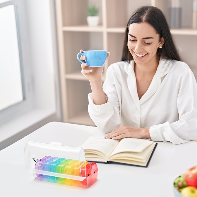 Fullicon Large Medicine Pill Organizer 2 Times a Day, AM PM 7 Day Travel | Each Compartment Holds 6 Fish Oils or 10 Vitamins, One Finger Open Lid, Double Secure Lock, Sturdy Hinges, Clear Rainbow