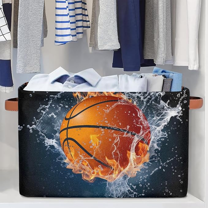 SEULIFE Ball Basketball Sport Foldable Storage Basket, Large Collapsible Organizer Storage Bin Cube Toys Storage Boxes with Handles for Bathroom Kids Nursery Closet Storage, 1 Pack