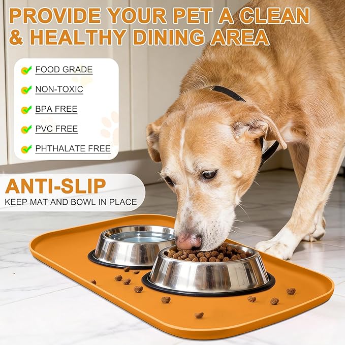 Smilool Silicone Pet Food Mat with Raised Edge for Food and Water Bowl, Dog Feeding Mats, Cat Food Trays for Floor Waterproof, Rubber Tray for Dogs and Cats, 19 x 12 x 0.7 Orange