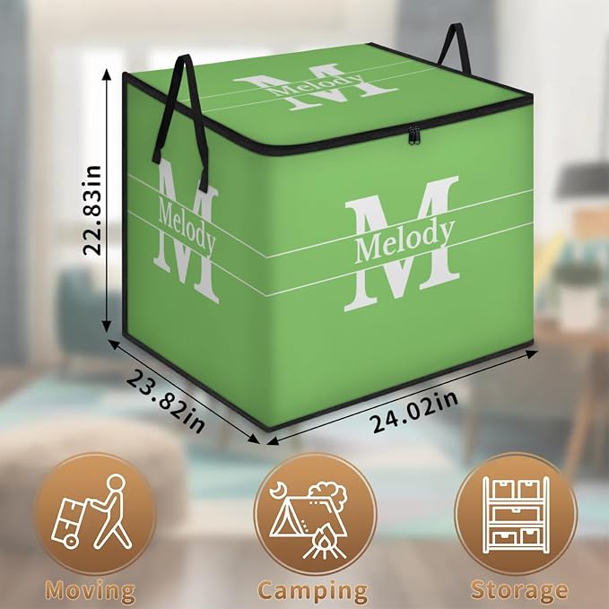 Personalized Extra Large Storage Basket with Lid, Comforters, Spring Green with Initial Letter Blanket Bedding Storage Bin for Home, Collapsible Basket for Clothes, Moving, Car Trunk