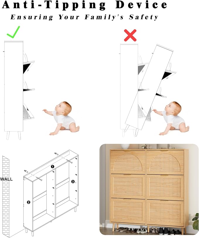 Shoe Storage Cabinet with 6 Flip Drawers, Narrow Wood Shoe Organizer Cabinet with Fluted Panel, Slim Shoe Rack for Entryway, Freestanding Shoe Cabinet for Living Room, Hallway, Wood Color