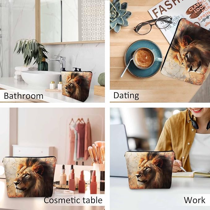 Makeup Bag Lion Makeup Bags For Purse Pouch, Wildlife Forest King Lion Travel Toiletry Bag Cosmetic Bag Makeup Bags Flax Makeup Organizer Bag Pencil Pouch For Man Woman, Brown