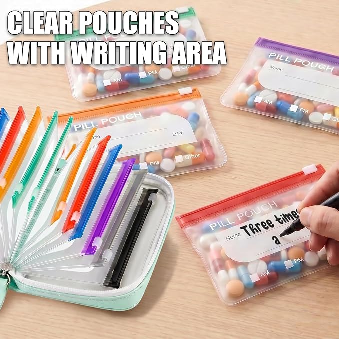 14 Color-Coded Waterproof Pill Pouch Set, Book-Shaped Travel Pill Organizer, Reusable Medication Storage Case for Vitamins, Prescription Pills, College Dorm Daily Use and Pet Supplements，Green