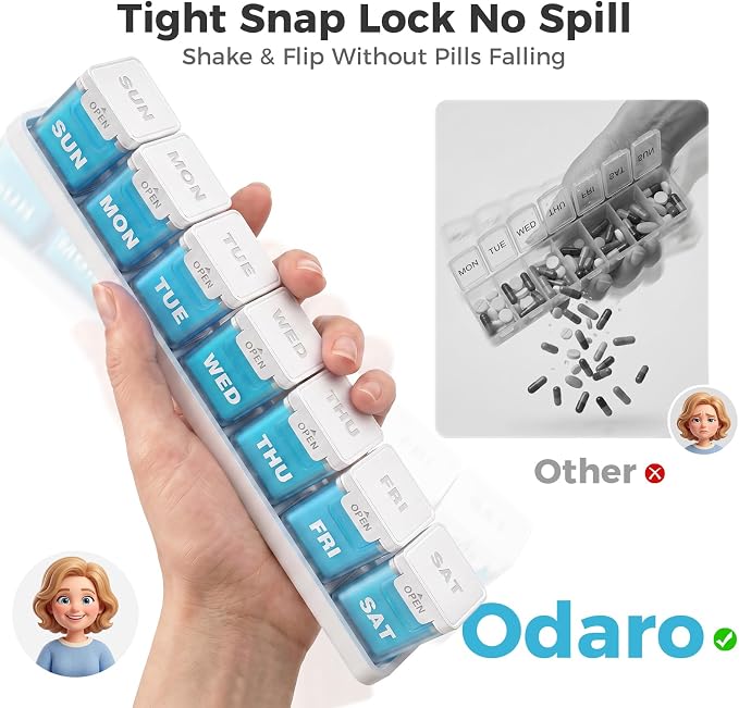 ODARO Extra Large Weekly Pill Organizer Once A Day - Blue | Large Capacity, Big Font, Wide Opening Easy For Seniors, Detachable Portable, Spill Proof, BPA Free