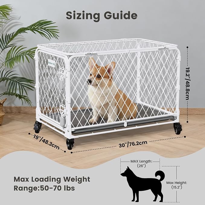 30 Inch Collapsible Dog Crate with Diamond Mesh, No-Tool Assembly Foldable Dog Kennel with 4 Lockable Wheels,Removable Tray,Portable Dog Cage for Medium/Large Dogs, Space-Saving, Indoor Outdoor Use