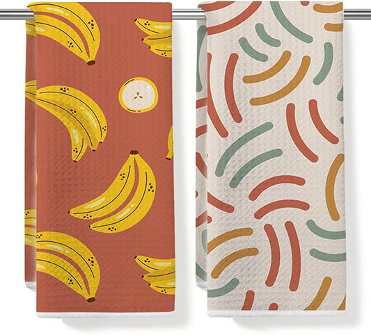 Banana Waffle Weave Kitchen Towels Set, Quick Dry Multipurpose Hand Towels for Bathroom, Absorbent Reusable Cloth Tea Dish Towels for Home Decor, Banana Lover Gift Towel Set of 2