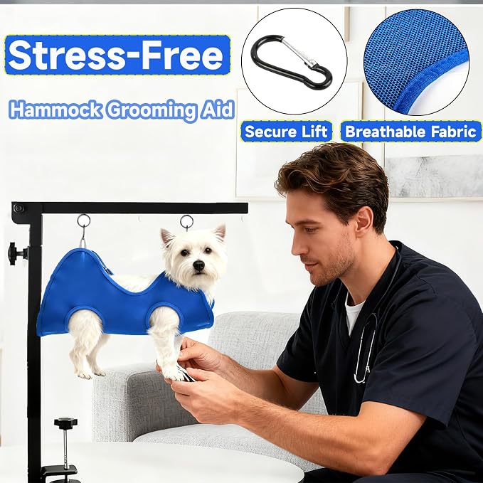 Dog Grooming Arm for Table, for Small Dogs, Haunch Holder&with Hammock | Foldable Arm with Clamp, Adjustable Height 26"-40", Pet Grooming Station for Home Nail Cutting & Trimming