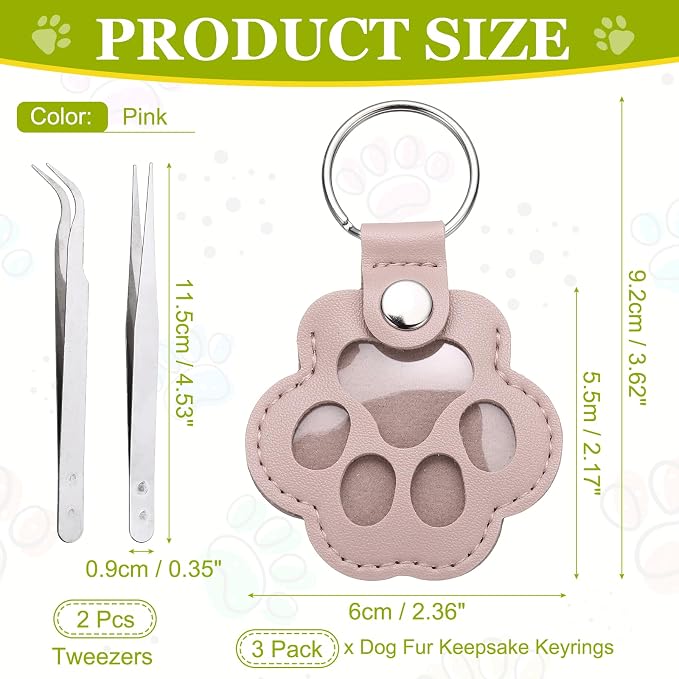 Dog Fur Storage Keychain, Pet Fur Keepsake Keyrings, Paw Shaped, Pet Hair Keepsake Keychains with Tweezers