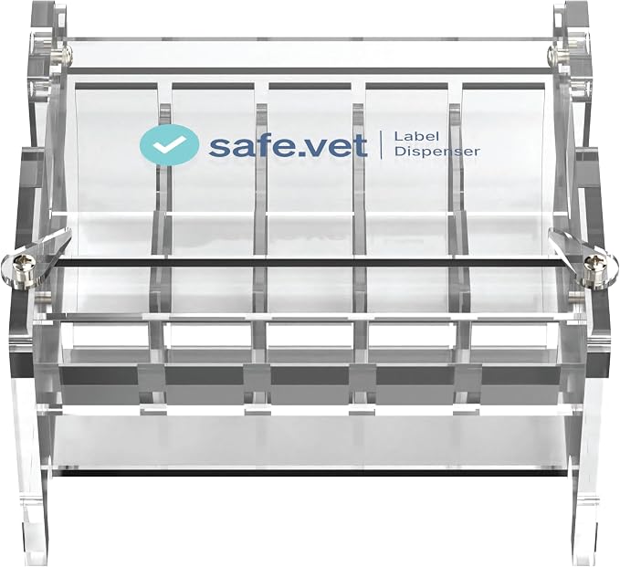 Veterinary Syringe Label Dispenser by Safe Vet | Countertop Injectable & Pharmacy Label Organizer for Vet Clinics, ICU, Surgery & Anesthesia (5 Slots)