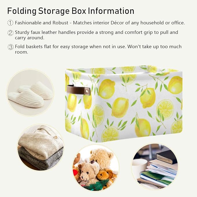 Fresh Lemons Pattern Rectangle Storage Bin, 15 x 11 x 9.5 in, Collapsible Organizer Storage Basket for Home Décor，2PACK