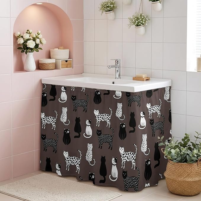Cat Animal Cabinet Curtain 32"Wx55"L, Dustproof Pantry Door Curtain with Self Adhesive Tape, Black White Earthy Tone Vintage Pet Tall Storage Cover Privacy Drape for Bathroom Kitchen Laundry Room