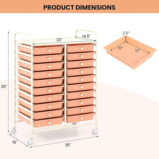 20 Drawer Rolling Storage Cart, Art Cart Organizer with Wheels for Makeup, Tool, Paper, Multipurpose Craft Storage Cart with Drawers for Office, Home, Classroom, School (Peach)