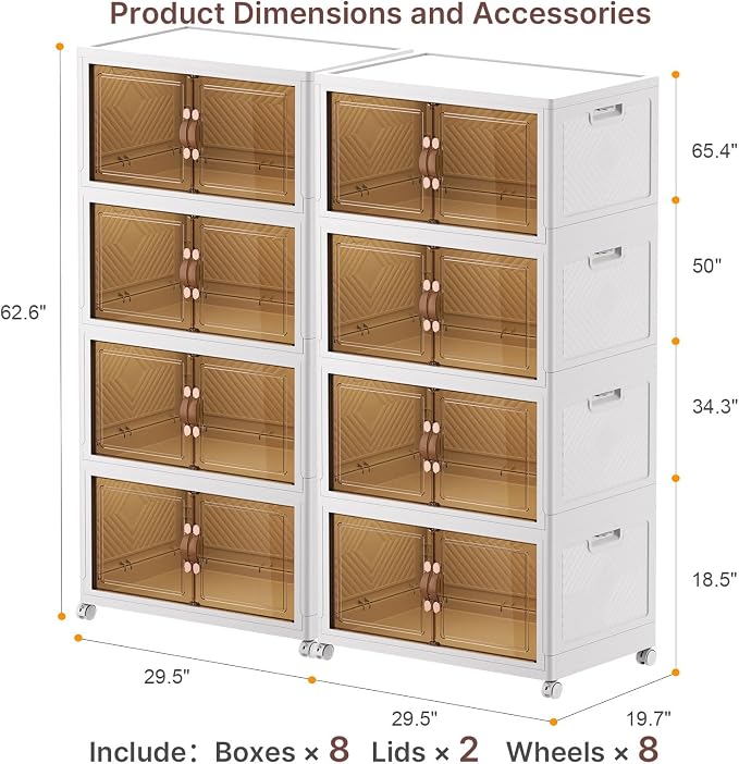 Stackable Storage Bins with Lids, 1440QT Lockable Storage Cabinet | Folding Storage Box with Doors and Wheels, Collapsible Plastic Drawers for Home, Garage, Office