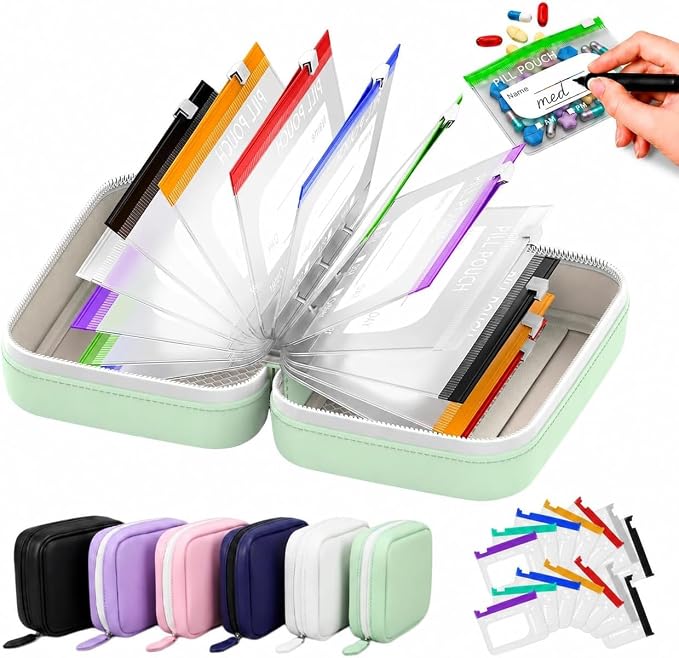 14 Color-Coded Waterproof Pill Pouch Set, Book-Shaped Travel Pill Organizer, Reusable Medication Storage Case for Vitamins, Prescription Pills, College Dorm Daily Use and Pet Supplements，Green
