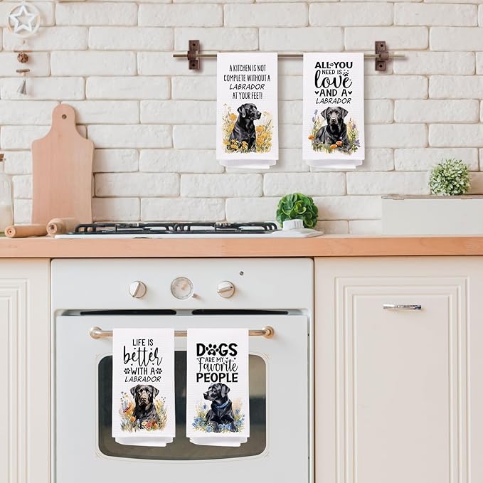 SPBL&L Black Labrador Retriever Dog Kitchen Towels Set of 4, Labrador Retriever Gifts for Women,Labrador Decor Tea Dish Towels for Kitchen,Labrador Decorative Hand Towels for Bathroom, 16x24 Inches