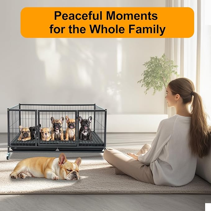 Homey Pet 43" Whelping Box for Dogs and Puppies, Easy Puppy Care | Heavy Duty Dog Whelping Box with Front Door, Top Open, 4 Wheels, Removable Tray | Airflow & 360° View | Easy- Move & Clean