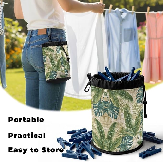Tropical Leaf Clothespin Holder Bag, Drawstring Closure Laundry Accessory Organizer, Portable Peg Storage Pouch for Drying Rack, Perfect for Home, Camping & Travel