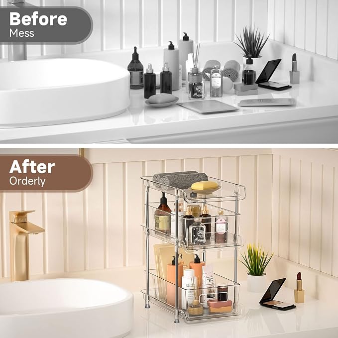 2Set 3 Tier Clear Bathroom Organizer with Dividers, Pull-Out Pantry Organization and Storage, Multi-Purpose Under Sink Organizers and Storage, Vanity Skincare Cosmetic Closet Organizer Medicine Bins