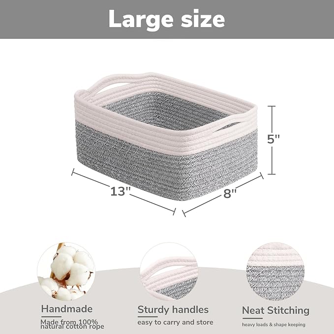 Goodpick 3-Pack Cotton Rope Baskets for Shelves, 13 x 8 x 5 in | Woven Baskets for Closet Fit Bedroom Lving Room, Baby Baskets for Gift Empty, Dog Toy Basket for Pets, White & Brown