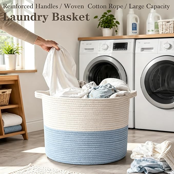 65L Extra Large Woven Blanket Basket, Laundry Basket-White&Blue | Collapsible, reinforced handles, nursery storage bin organizes clothes, toys and pillows for living room, bedroom bathroom