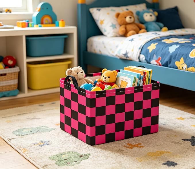 Rectangular Kids Basket Baby Girl Basket Fabric Storage Bin Organizer Box Room Decor(Pink Black Checkered)