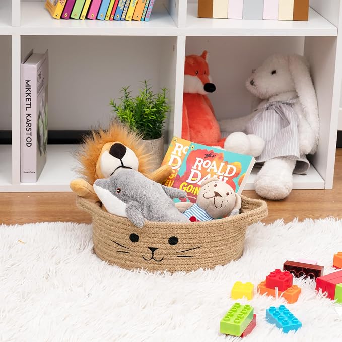 Small Woven Rope Cat Toy Basket with Cat Face Design, Jute | 9.8" x 4" Cute Cat Basket with Handles, Small Toy Bin & Box for Living Room & Nursery, Natural Instinct Basket for Cats Dogs