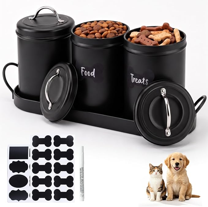 Dog Treat Container Airtight Set with Lid, 3 Dog Treat Jar with Tray | Metal Black Dog Food Storage Container with Labels & Marker, Dog & Cat Treat Holder, Easy Open Lid & Easy Carry Handles