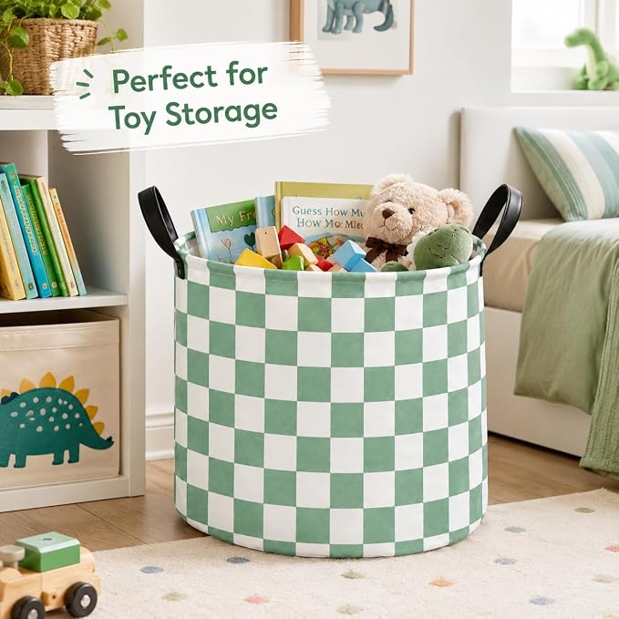 MAIZMZ 3 Pack Sage Checkered Storage Baskets Kids Hamper,Girls Room Decor,15.7"D x13.3"H, Waterproof Lining,Collapsible for Laundry, Toys, Clothes, Gift Set